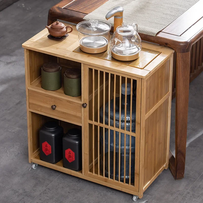 

Mobile Tea Table for Balcony – Solid Wood Small Tea Table with Tea Rack Cabinet and Boiling Water Feature