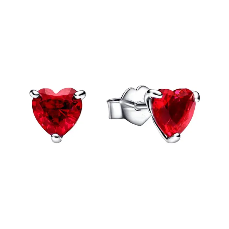 

Prong Setting Red Crystals Hearts Ear Piercing Stud Earrings For Women 925 Sterling Silver Original Jewelry Valentine's Day Gift