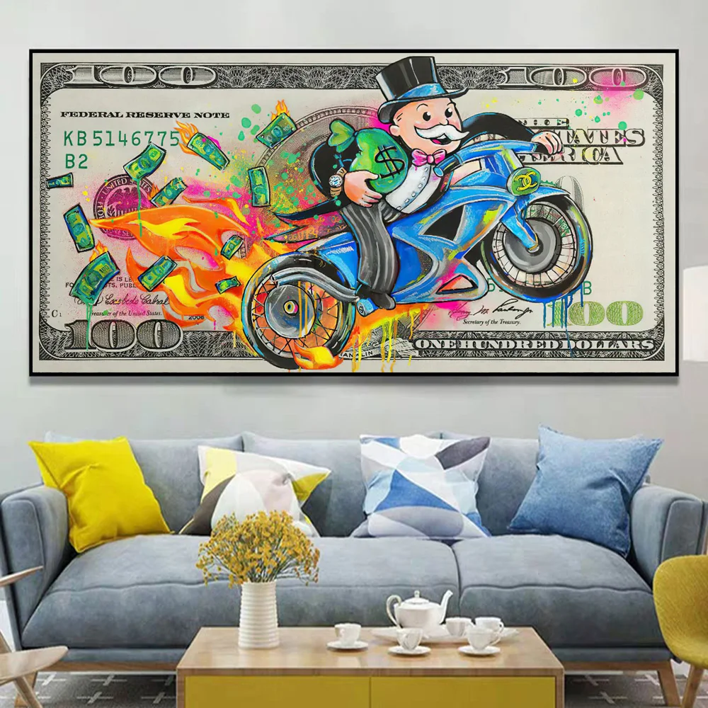 

Abstract Graffiti Monopoly Man Colorful Art Prints 100 Dollar Bill Poster Picture On Canvas Wall Painting For Sofa Home Decor