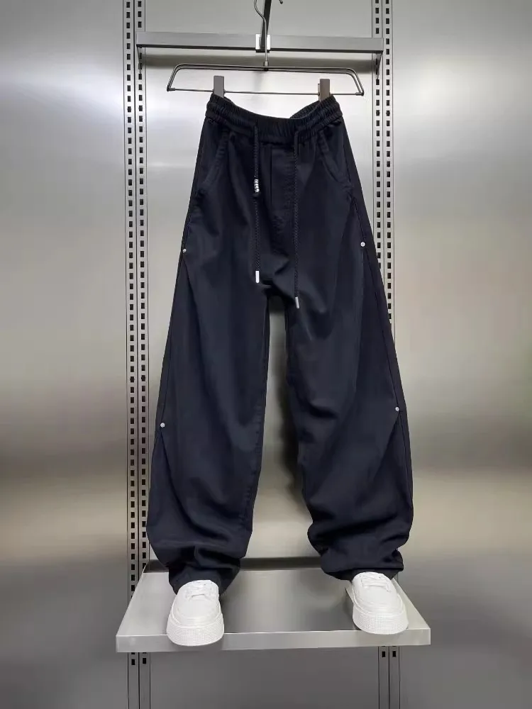 Moda para hombre pantalones vaqueros negros con cordón primavera otoño Casual Pantalones rectos ropa informal suelta Hip Hop pantalones vaqueros de pierna ancha