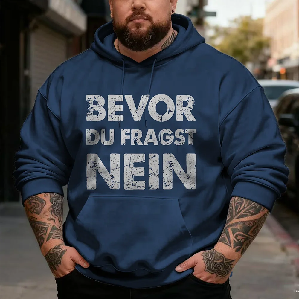 Men's Plus Size German Attitude Slogan Pullover Hoodie, Bold Front Lettering with Low Patience or Just Say No Humor, S-9XL