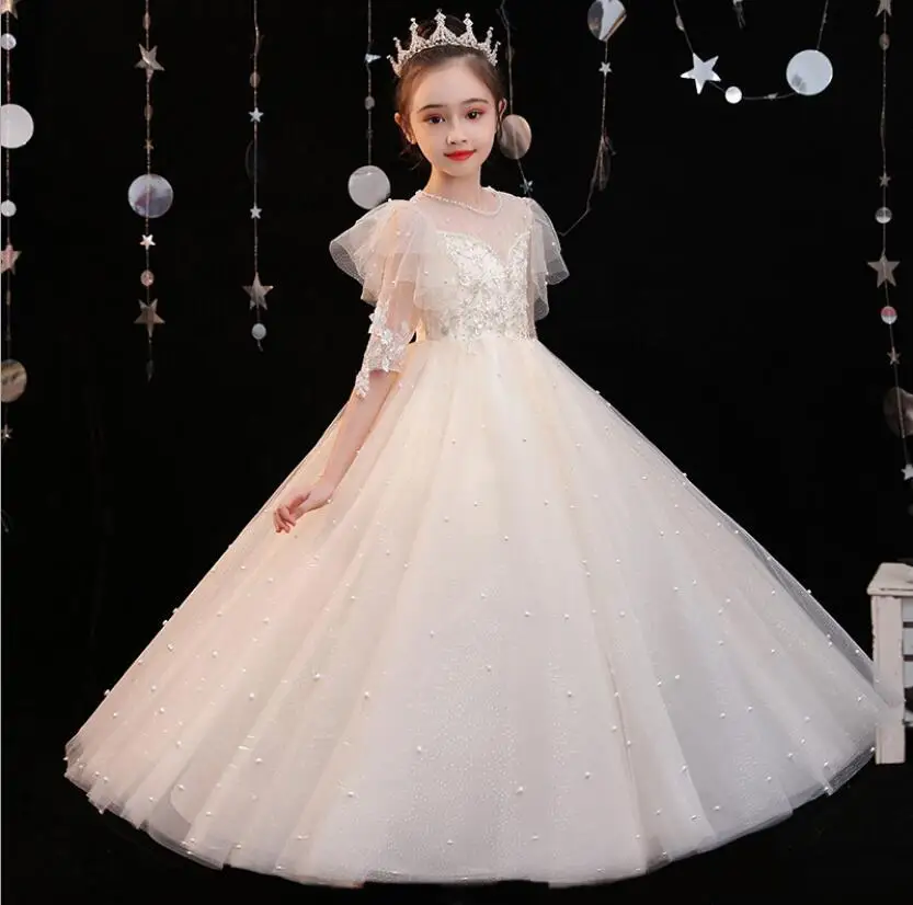 White Lace Girls Wedding Dress Beads Tulle Flower Girl Party Princess Birthday Dress Kids Long Dress Prom Formal Communion Gown