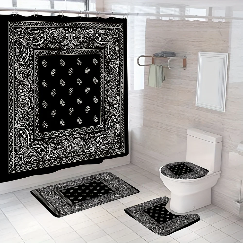 Paisley Printed Shower Curtain Set Bathroom Decor Set Including Waterproof Shower Curtain Non-Slip Rug Toilet Cover Mat