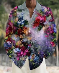 Club Men's Floral and Plant Printed Shirt with Long Sleeved Lapel Button Up Shirt, Fashionable and Casual Designer Top