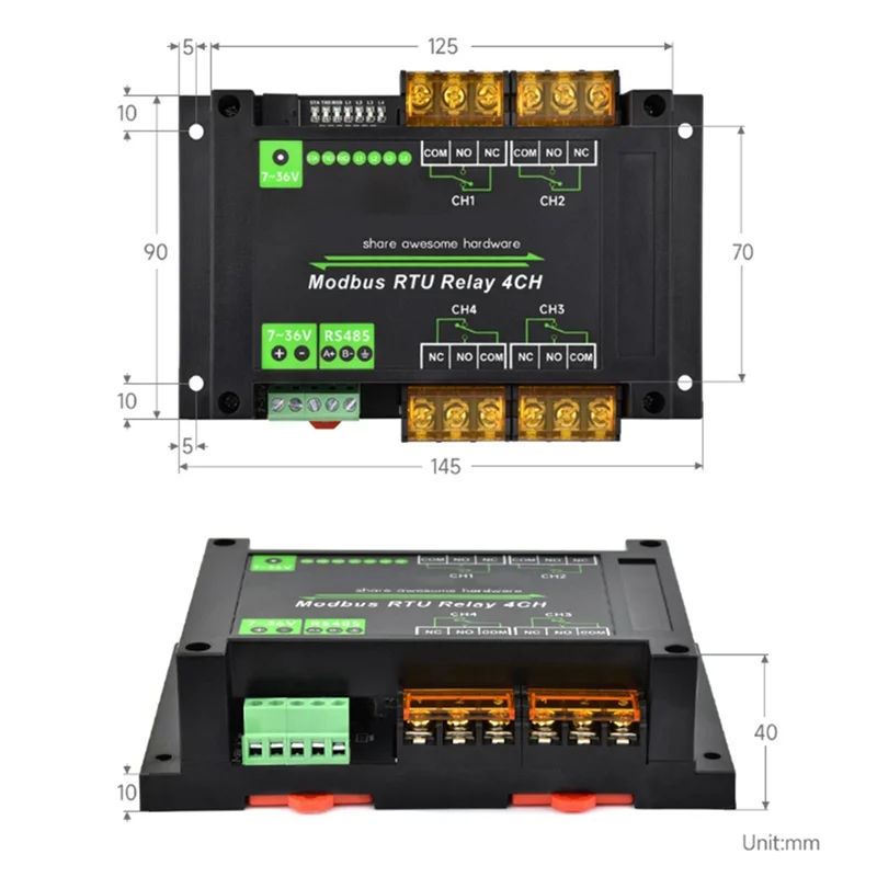 Modulo relè a 4 canali su guida DIN Protocollo Modbus RTU Modulo relè ad alta corrente RS485 Circuito di protezione di isolamento di varietà