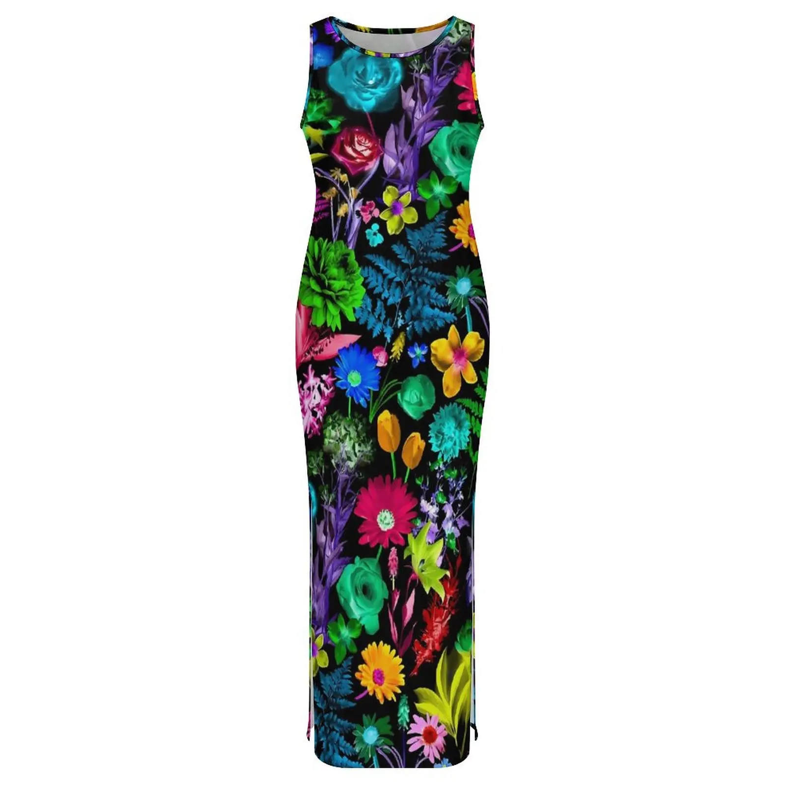 Colorful Floral Print Bodycon Dress Summer Glowing Garden Vintage Maxi Dresses Woman Sleeveless Y2K Fashion Dress Large Size