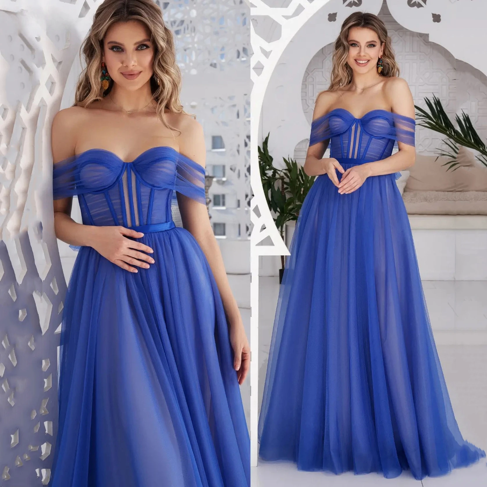 Bafftafe Semplice blu morbido tulle abiti lunghi da ballo con spalle scoperte abito da festa formale ossa pieghettate abiti da sera per eventi speciali