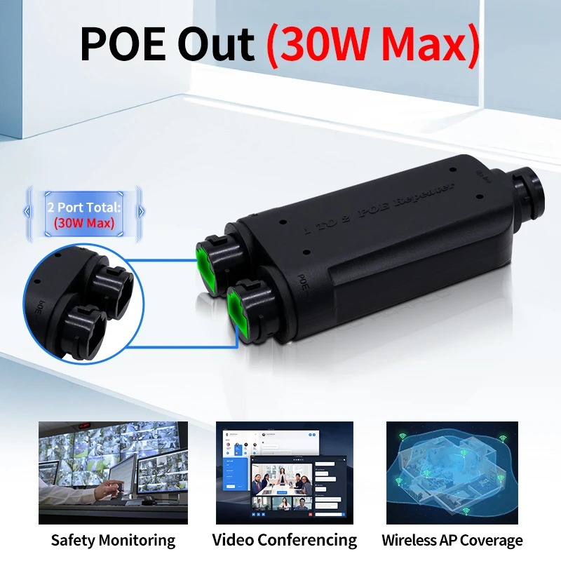 HORACO 2 Port Waterproof POE Repeater IP66 10/100Mbps 1 to 2 PoE Extender with IEEE802.3af/at 48V Outdoor for POE Switch Camera