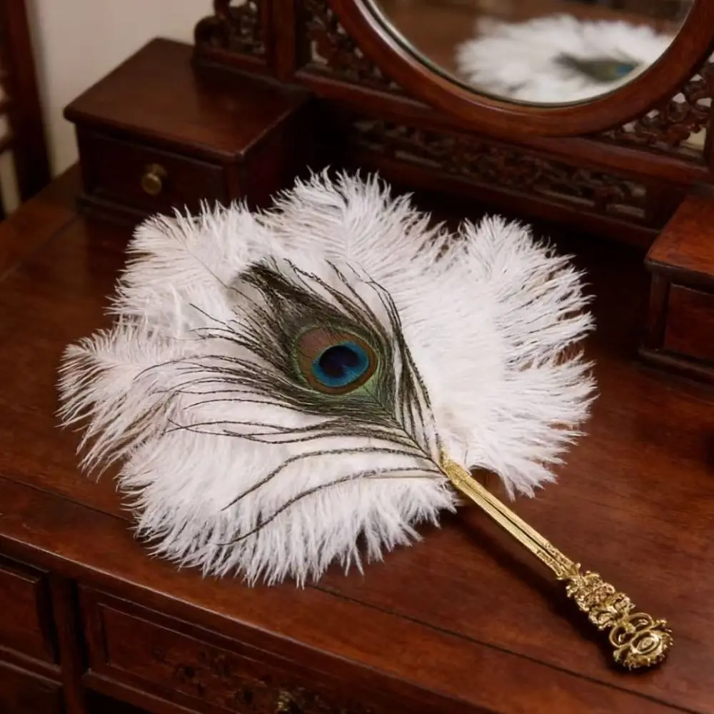 Chinese Style Ostrich Feather Fan Exquisite Portable Elegant Handheld Fans Retro Golden Hollow Handle Cosplay Props Fan