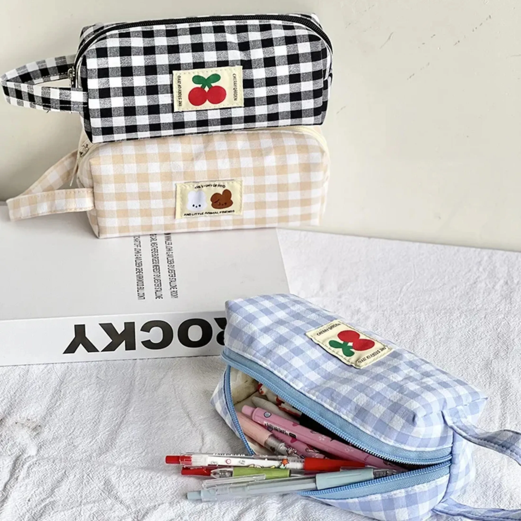 Checkboard Embroidery Pencil Bag Portable Stationery Bag High Capacity Kawaii Pens Women Girls Makeup Bags School Supplies