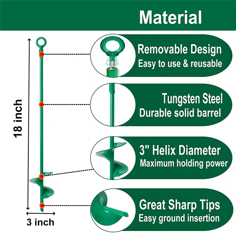 Kit de anclajes para tierra de 18 pulgadas, anclaje de tierra helicoidal, gancho de anclaje de cobertizo de alta resistencia para tienda de campaña, toldos, juegos de columpios, 4 piezas