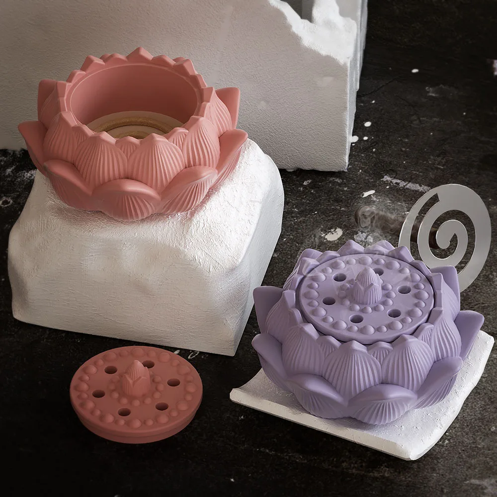 Buddhism Lotus Incense Burner Aromatherapy Silicone Molds Storage Decor Resin Mold DIY Gypsum Cement Storage Casting Mould Set