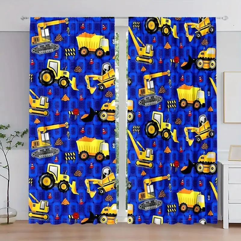 

2PCS- A variety of excavator toy car pattern printed curtains, window decorations, home decorations, room decorations