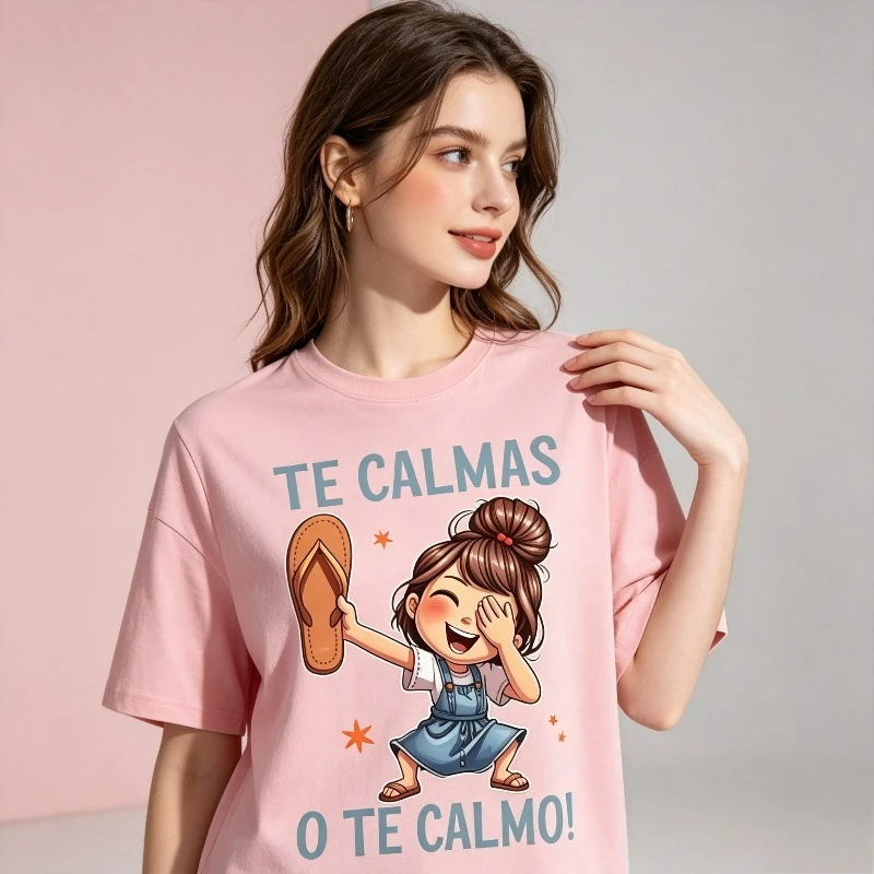 TE CALMAS O TE CALMO! Women T-Shirt Cotton Regular Fit Cartoon Girl Flip Flop Laughing Funny Print Short Sleeve Tee Casual Top