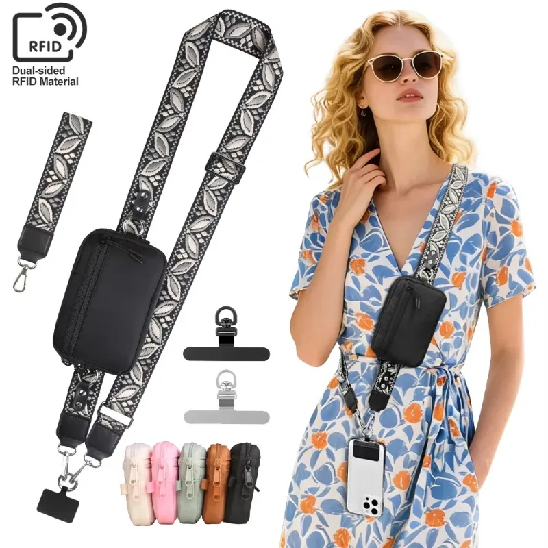 

Clip and Go Strap for Phone with Wallet Crossbody, Adjustable Phone Lanyard with Detachable RFID Wristlet Wallet, Pattern Strap