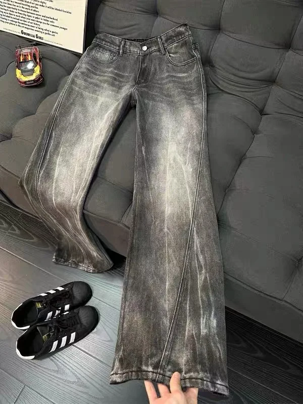 

Black Washed Lightning Pattern Spring Autumn Denim Jeans Women's Style American High Street Vibe Slimming Small Size Flared L...