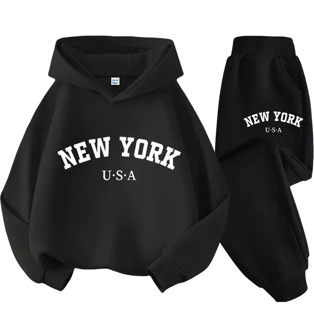 Children's Black Sports Outdoor Letter Print Hooded Sweatshirt 3-12 Years Old Boys and Girls Casual Set Sweatshirt + Pants