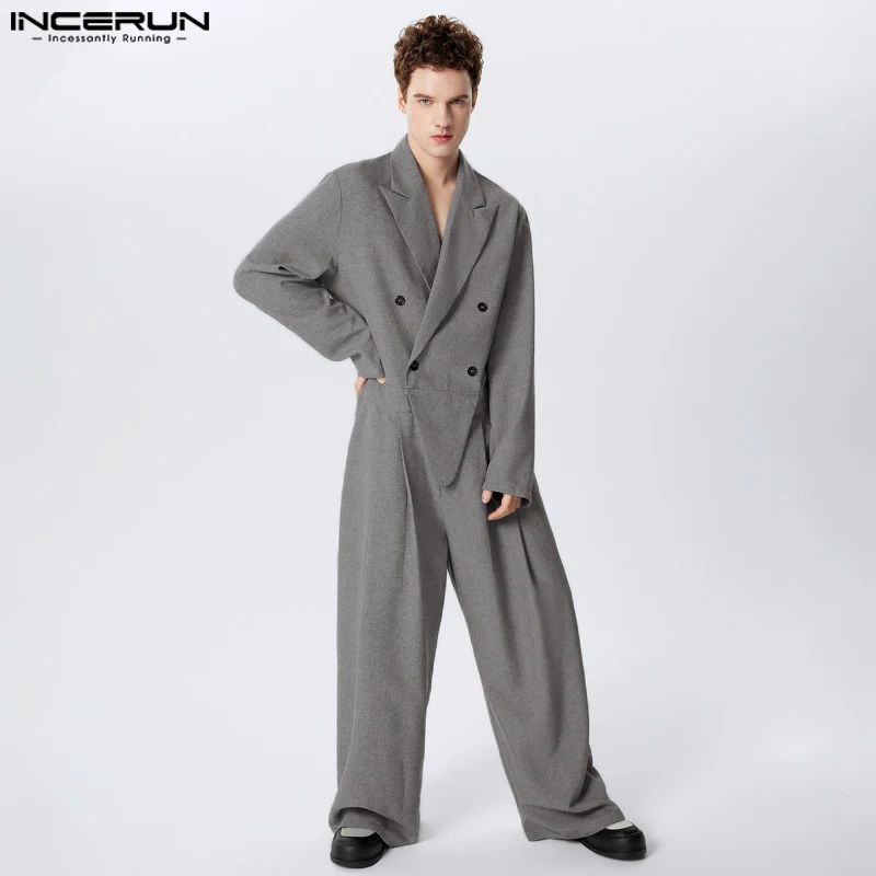 INCERUN 2024 American Style Fashion Jumpsuits New Men Suit Collar Design Irregular Hem Rompers Male Long Sleeved Jumpsuits S-5XL