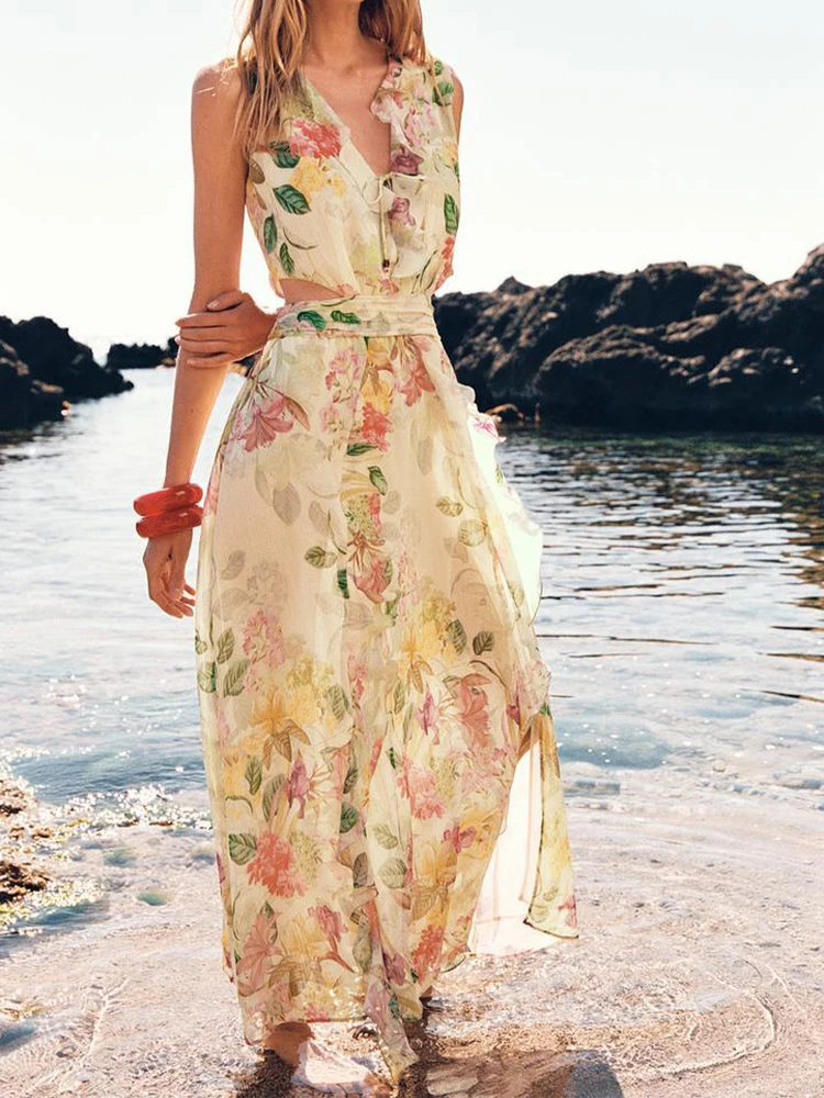 

European and American style summer women's clothing new style temperament slim open design flower print dress