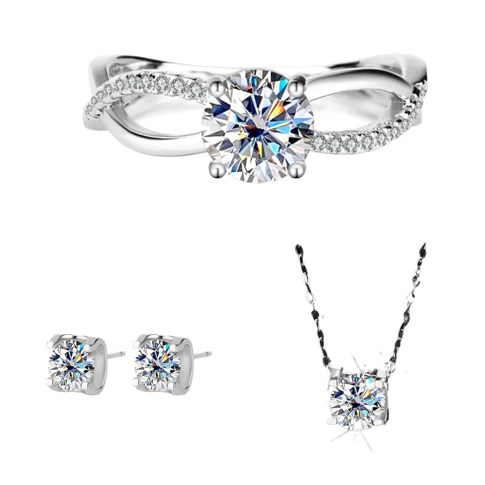 

S925 Silver Platinum-Plated D Color Classic Bullion Setting Moissanite Jewelry Set Earrings Necklace Ring