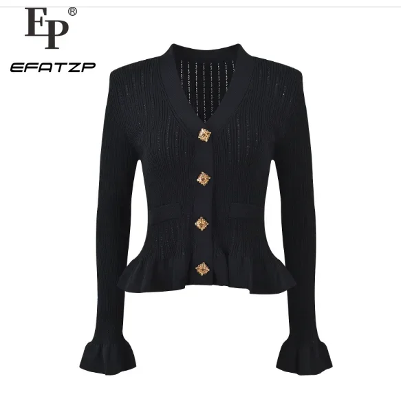 

High Quality Early Autumn New Black Knitting Cardigan Women Gold Buckle Ruffles V-neck Slim Fit Sweater Tops