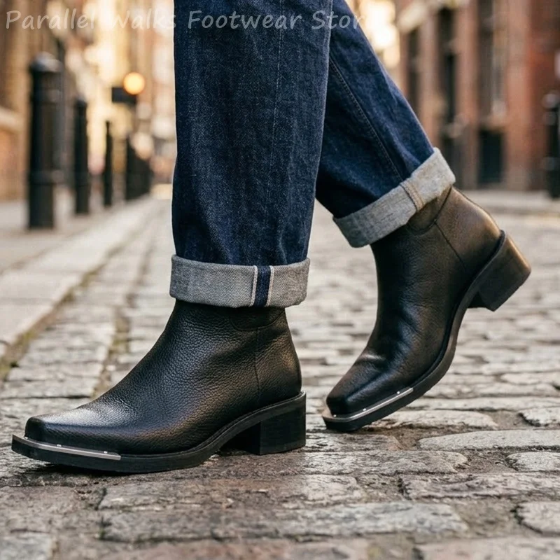 Men Metal Toe Leather Cowboy Boots Pointed Toe Cuban Heel Ankle Booties Vintage Motorcycle Punk Dress Shoes Men's Footwear US