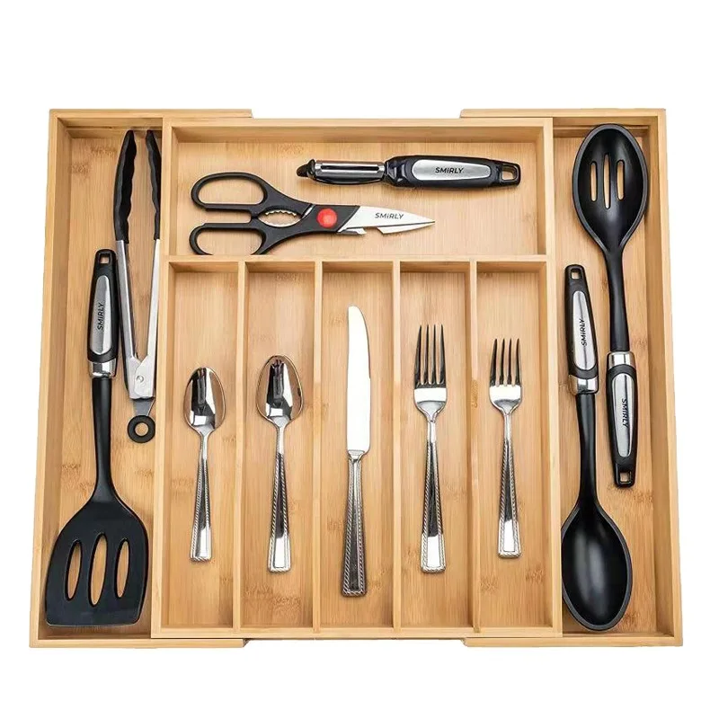 Multifunctional Expandable Premium Bamboo Kitchen Utensils Cutlery Silverware Drawer Rack Storage Storage Tray