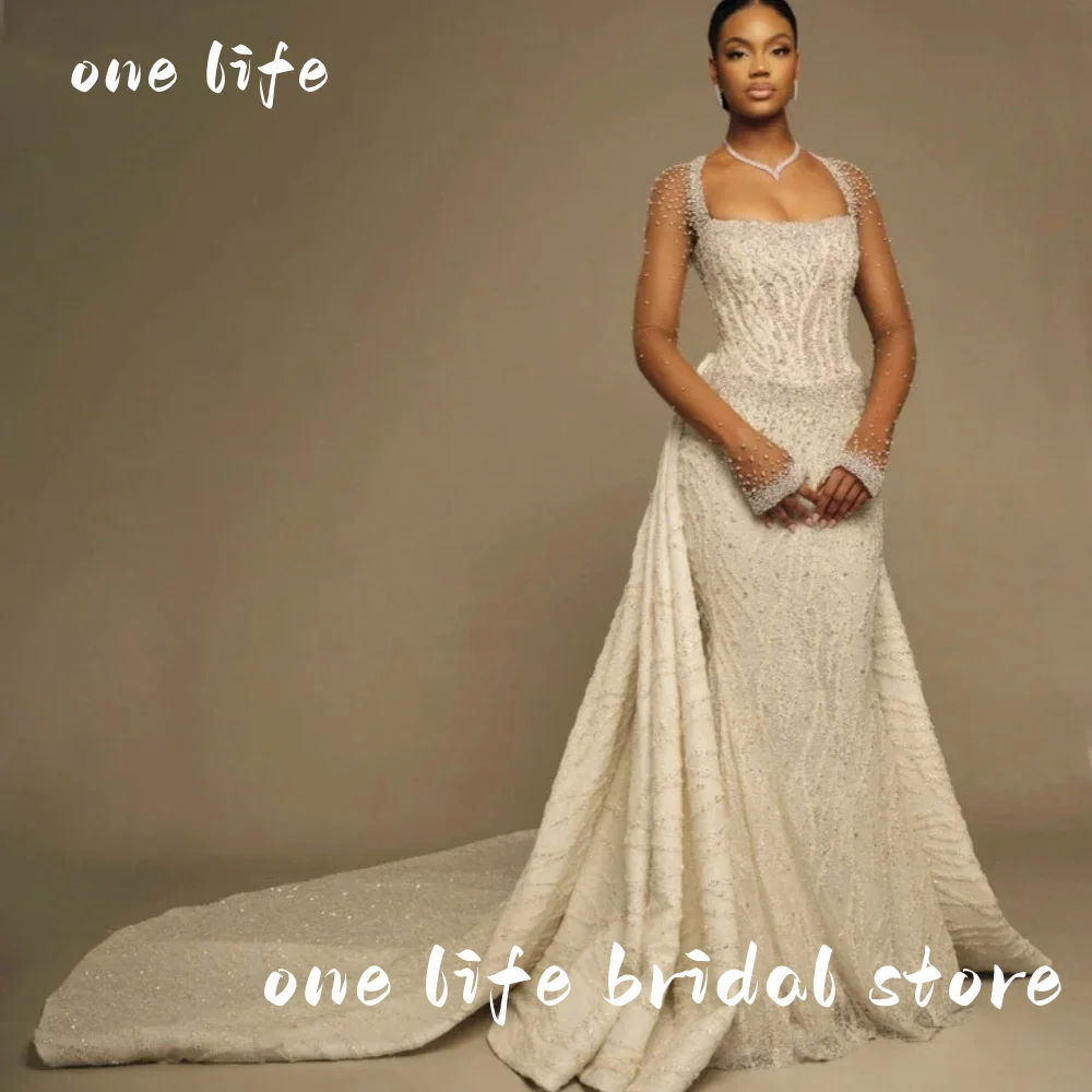 

Винтажное свадебное платье русалки с квадратным вырезом и длинными рукавами, свадебные платья с блестками и кристаллами, съемные платья со шлейфом, платье по индивидуальному заказу