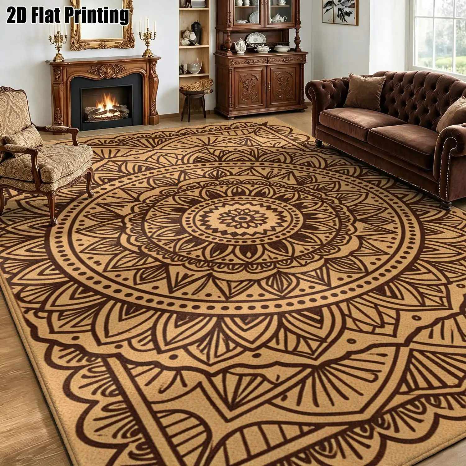 1Pc 2D Printed Brown & Yellow Mandala Geometric Carpet: European/Bohemian Vintage Home Decor Rug, Machine Washable, Multi-Size for Entrance/Dining/Foyer/Bedroom/Living Room