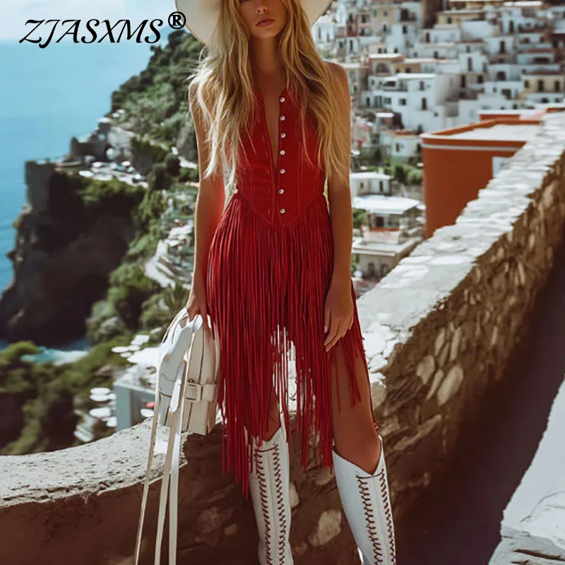 2026 Sexy V Neck Hollow Tassel Holiday Dress Woman Elegant Button Slim Long Dress Spring Summer Sleeveless High Waist Boho Dress
