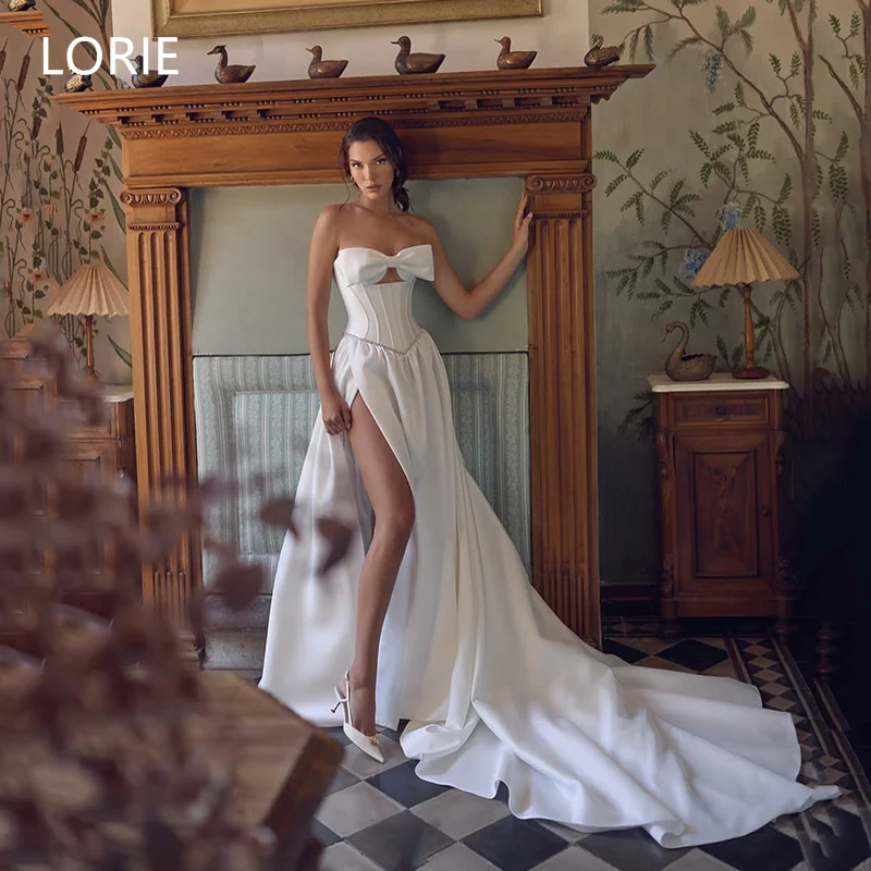 

LORIE Satin A-line Bow Wedding Dress vestidos de novia Long Train Bridal Gowns Strapless Backless Wedding Gown Customized 2025