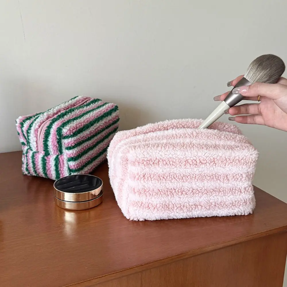 

Soft Material Plush Makeup Bag Storage Function Cute Design Travel Cosmetic Bag Clutch Style Stripe Portable Organizer