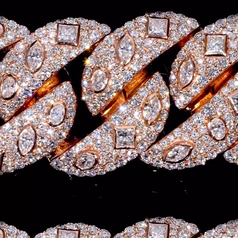 Custom Luxury Moissanite 15mm Cuban Chain 925 Sterling Silver Rose Gold Plated GRA Moissanite Cuban Link Chain Necklace Brace