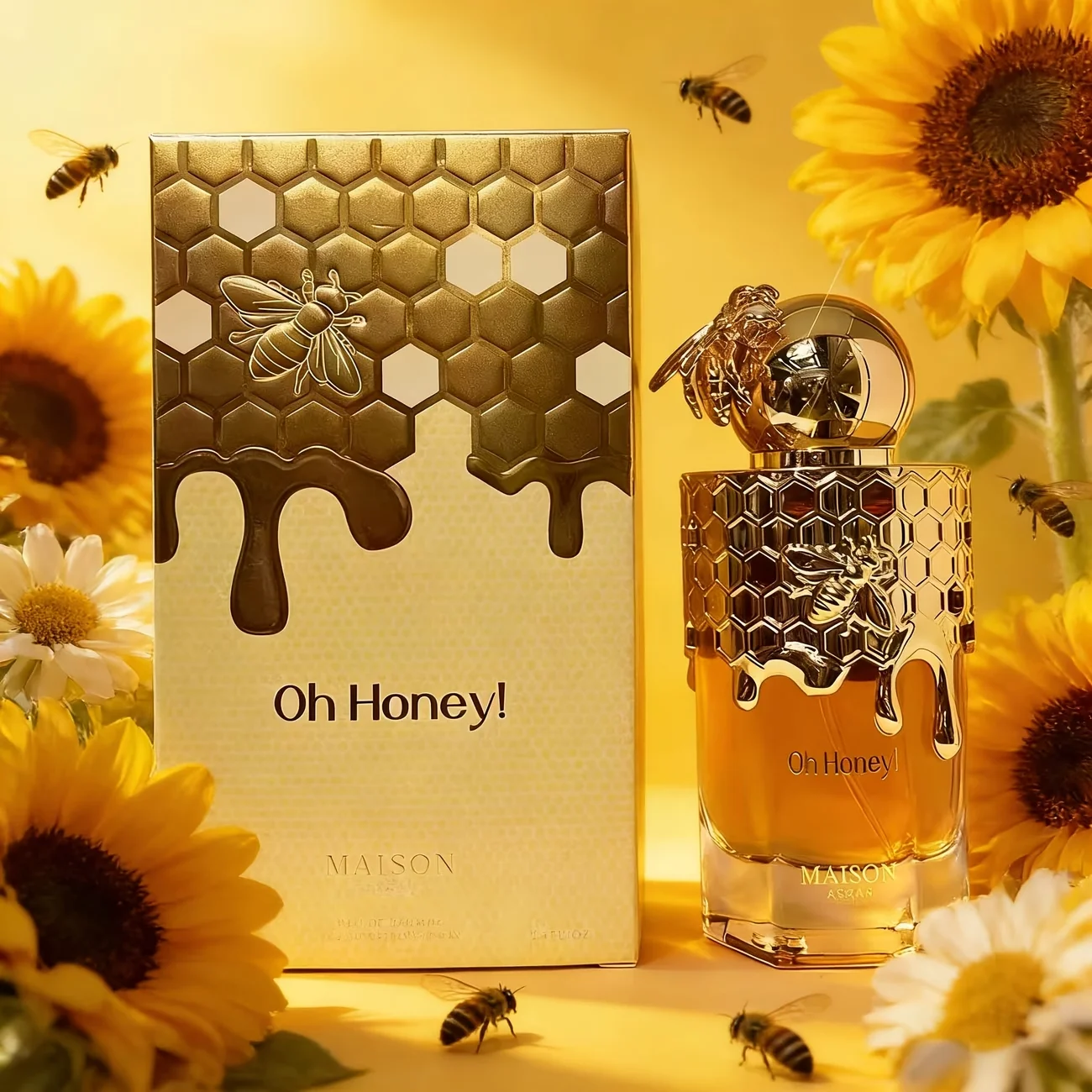 Perfume MAISON ASRAR Oh Honey, con miel como base, integra fragancias frescas de flores y frutas, con una fragancia duradera.