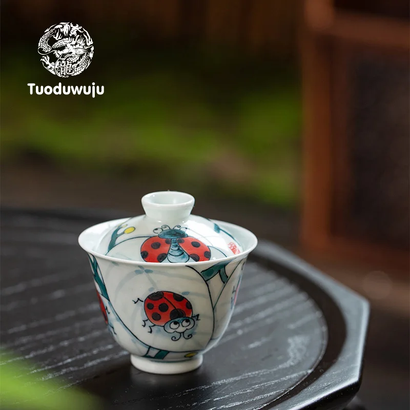 Chinese Style Ceramic Hand-Painted Seven Star Ladybug Yuanbao Tea Cover Bowl, 100ml Small Capacity Exquisite Kung Fu Tea Set