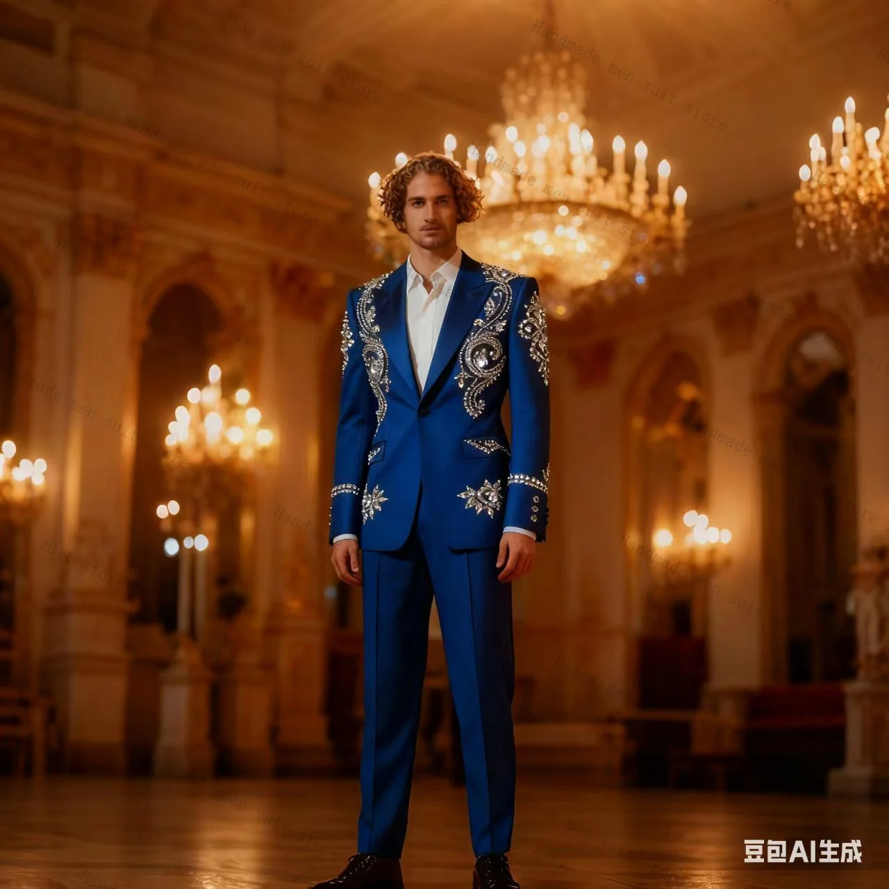 

Blue Luxury Men Suit Set 2 Piece Crystals Blazer+Pants Prom Wedding Tuxedos Coat Cotton Customized Formal Office Business Jacket