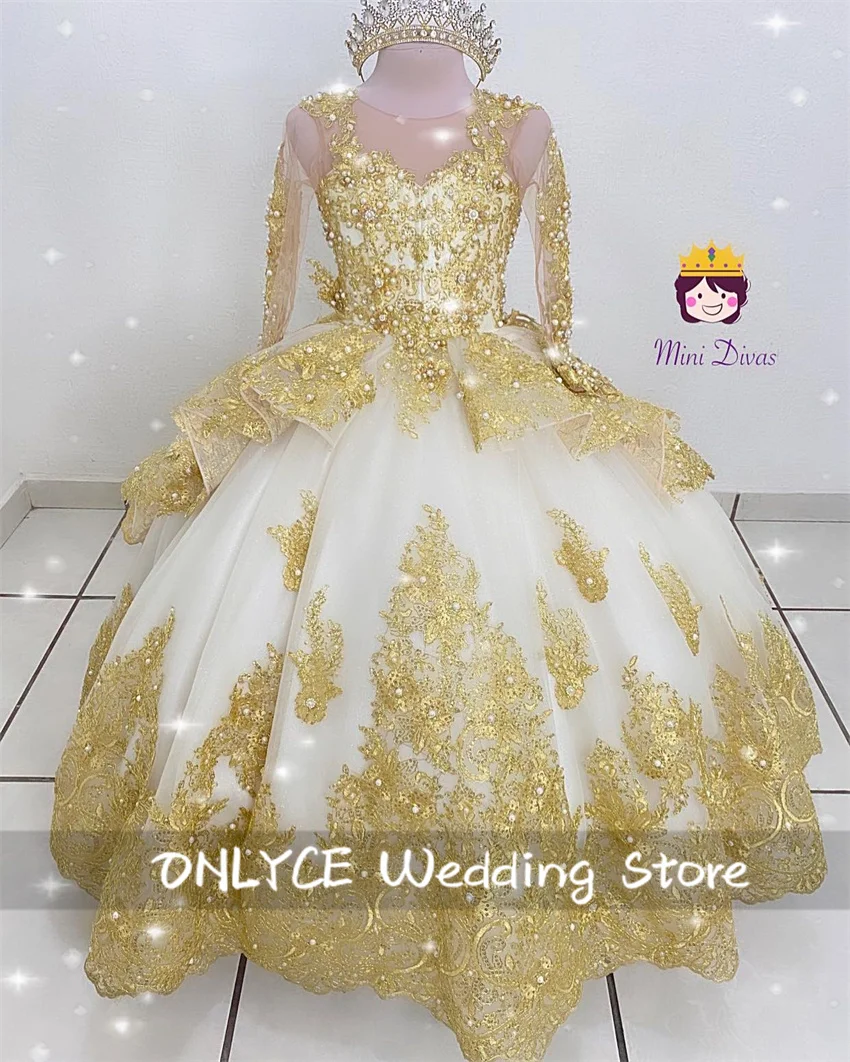 

Exquisite Flower Girl Dress For Wedding Long Sleeves Gold Applique Pearls Beads Crystal Ball Gown Kids Birthday Dress Customized