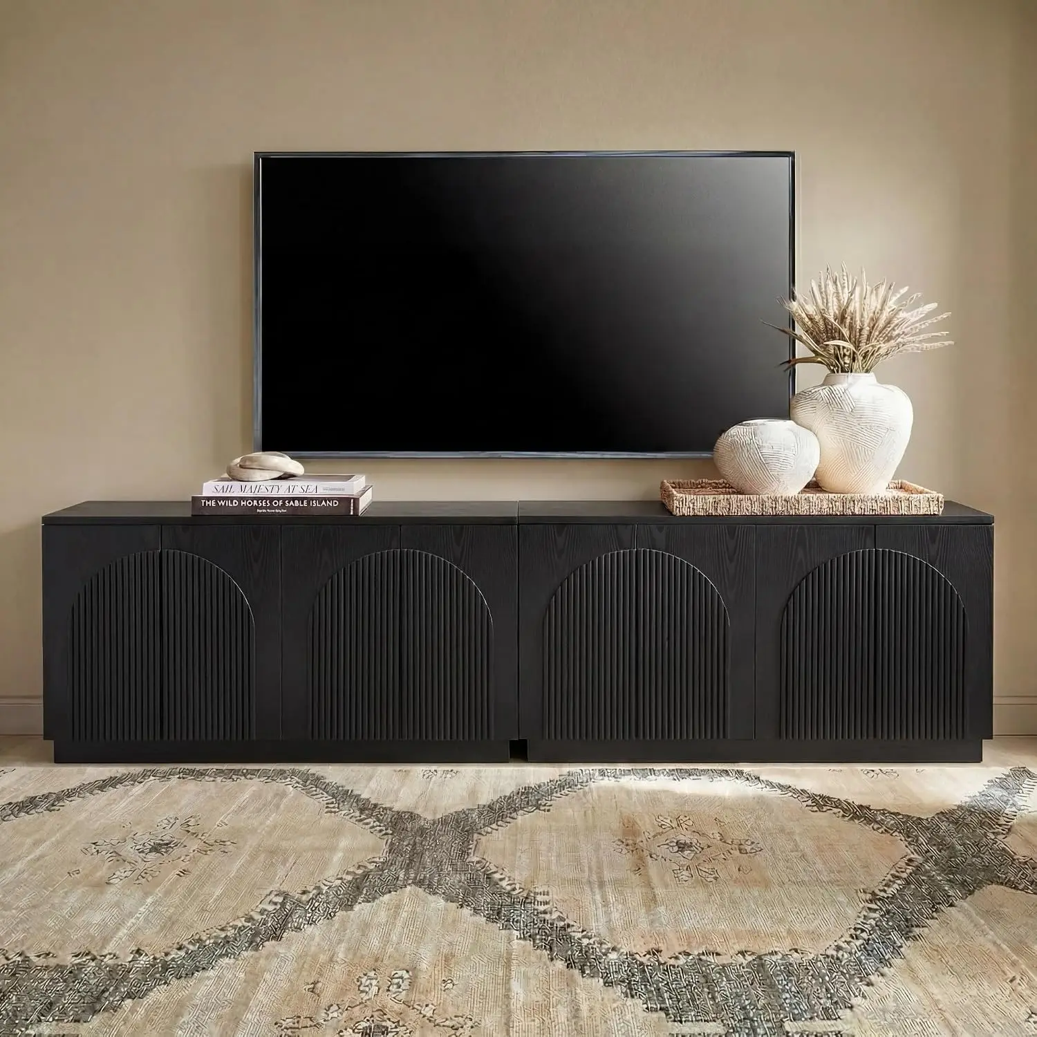 Black Fluted TV Stand Arched Reeded Doors Storage Entertainment Center Media Console Living Room Bedroom 98in 2PCS, Customized