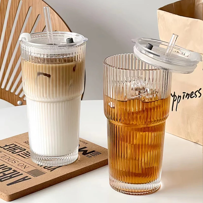 450ml/600ml Stripe Coffee Glass Cup Transparent Glass Cup With Lid and Straw Iced Coffee Mug Juice Milk Tea Water Cup Drinkware