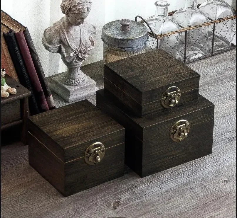 Square Storage Box Bamboo Boxes Flip Cover Jewelry Cosmetic Container Desktop Organizer Home