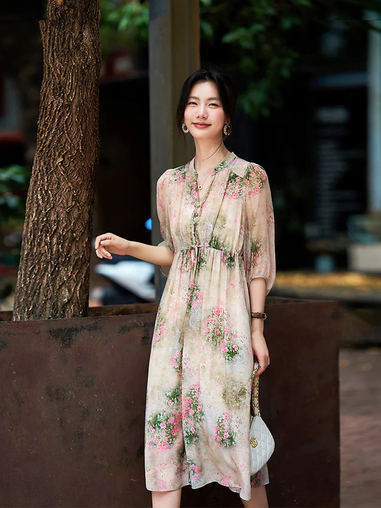 Winsleter-Women's 100%Real Silk Elegant Dress, V Neck 3/4 Sleeve Print Beading, French Vacation Dresses, 2025 Summer D56939CC