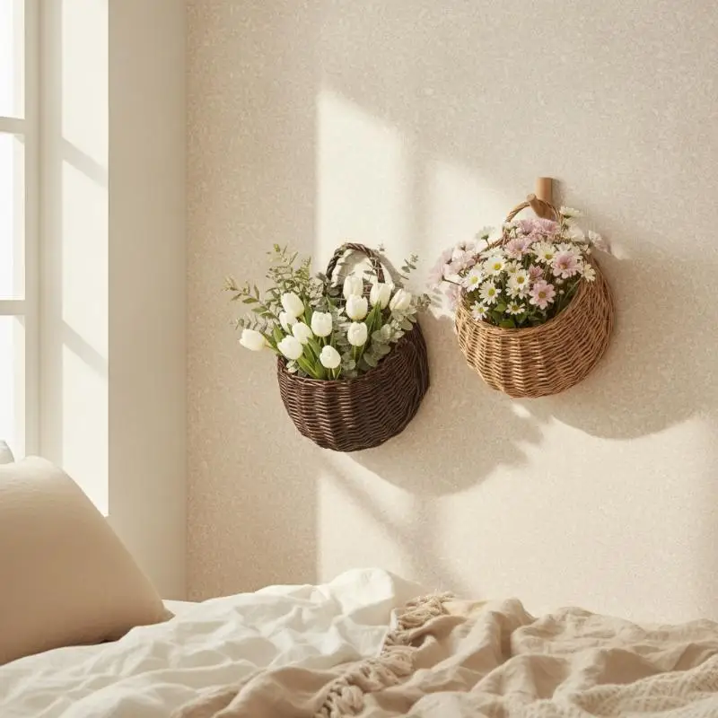 Handwoven Rattan Wall Hanging Basket Large Capacity Planter With Sturdy Handle For Indoor Outdoor Balcony Garden Home Decoratio