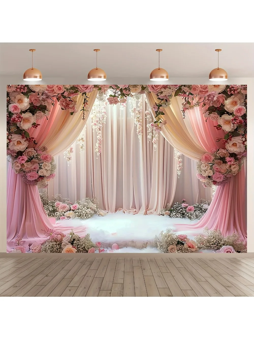 Romantic wedding background, universal pink flower curtains, suitable for engagement, party photo booth decoration