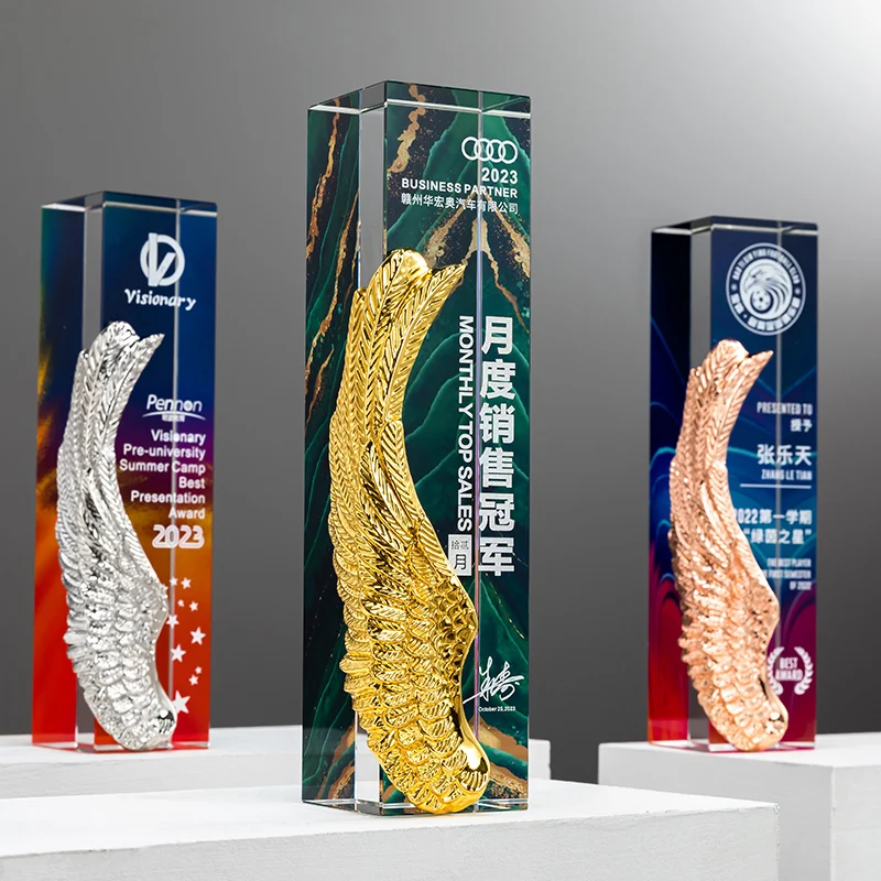1pc Personalized Blue Crystal Trophy Award Corporate Trophy with Metal Feather Recognition Plaque Retirement Appreciation