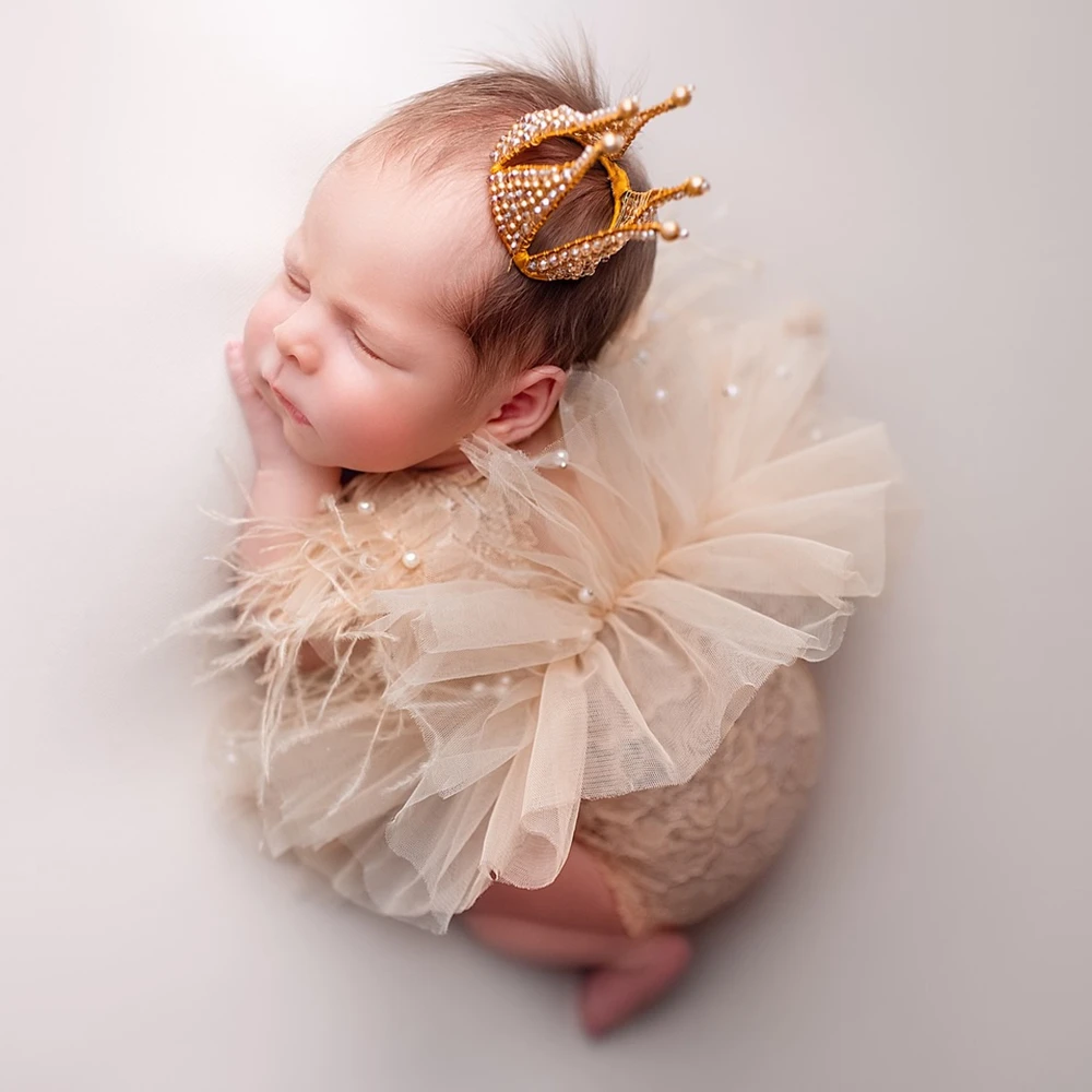 Newborn Photography Props Baby Girl Lace Feather Romper Ruffle Princess Outfit Infant Photo Shoot Clothes Soft Tulle Layered Des