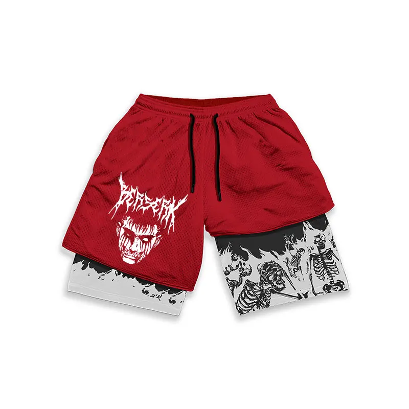 Anime Berserk  2 in 1 Performance Shorts Men Gym Fitness Y2K Skeleton Print Shorts Quick Dry Running Workout Summer Short Pants