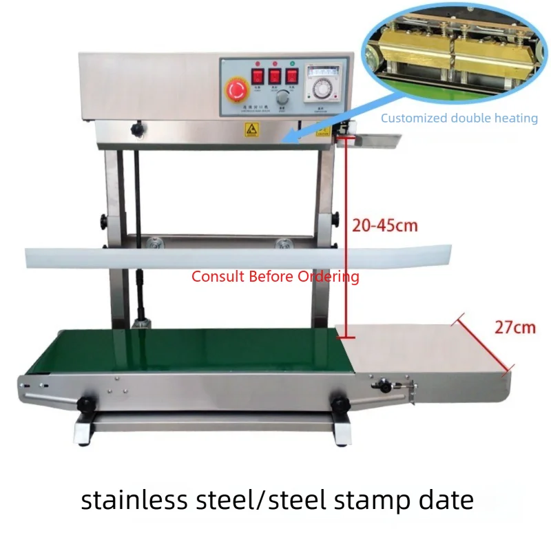 

Automatic Vertical Stand Type Sealing Machine Stainless Steel Continuous Band Sealer Pet Food Coffee Plastic Bag Printing