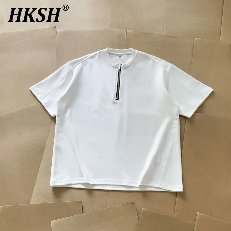 

HKSH Summer Solid Color Half Zipper Short Sleeve T-shirts Silhouette Bottom American Vintage Chic Men's Tide Modal Tees HK1728