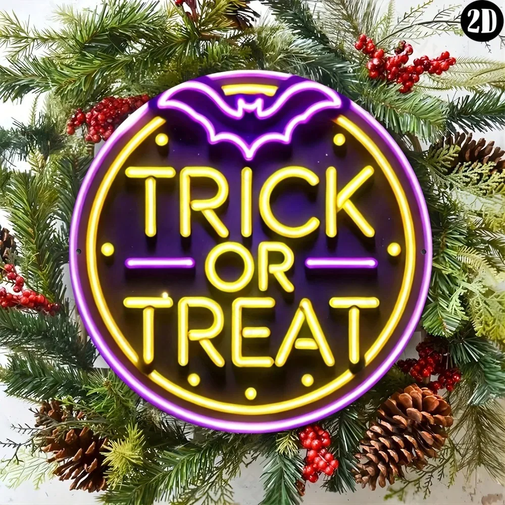 ديكور الهالوين "خدعة أو علاج" نيون 8x8 بوصة علامة معدنية مستديرة - لوحة فنية جدارية متينة من الألومنيوم للمنزل والمكتب وغرفة المعيشة في الأماكن المغلقة