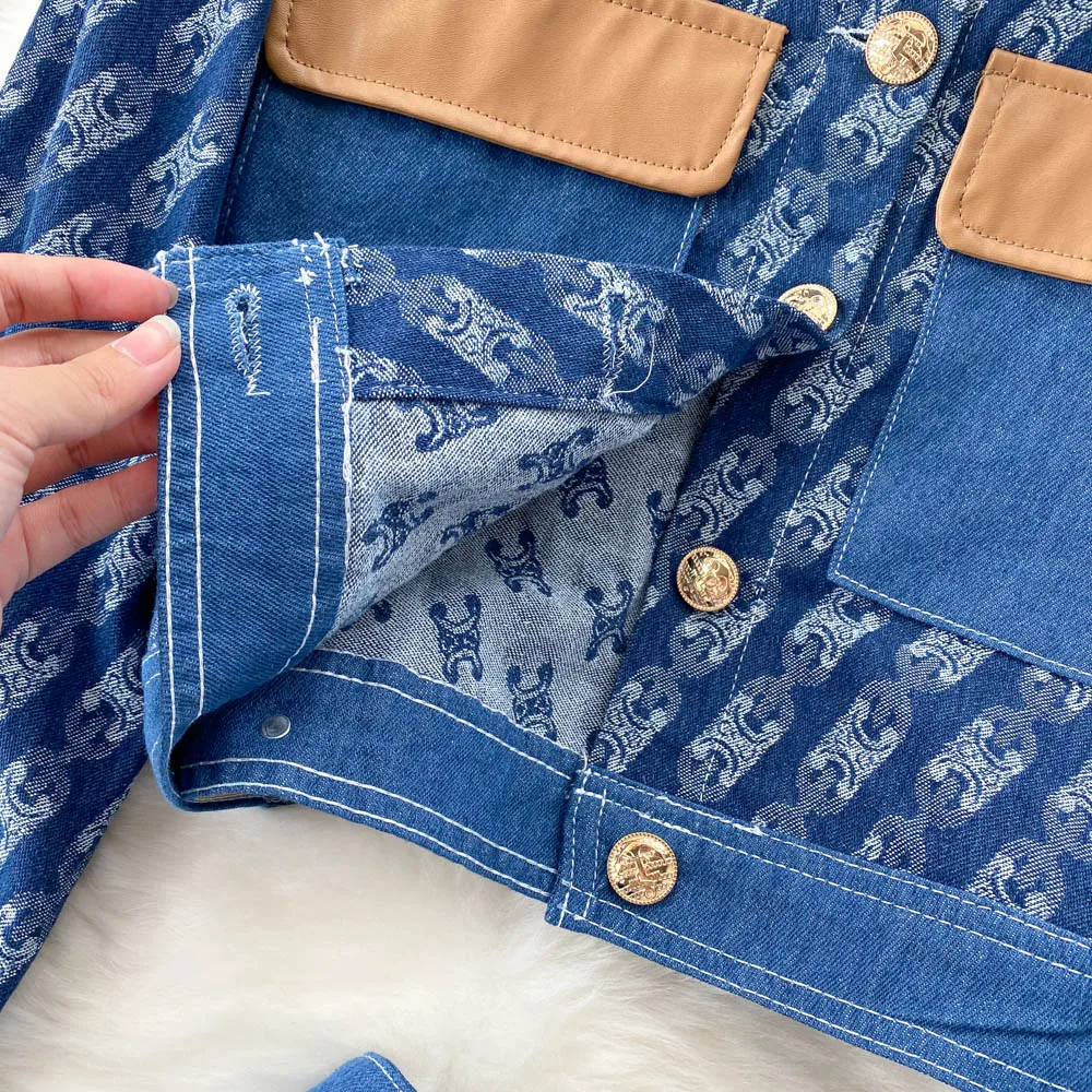 New Spring Women Design Print Denim Set Turndown-Collar Slim Short Outerwear+High Waist A-line Short Skirt Two Piece Suits